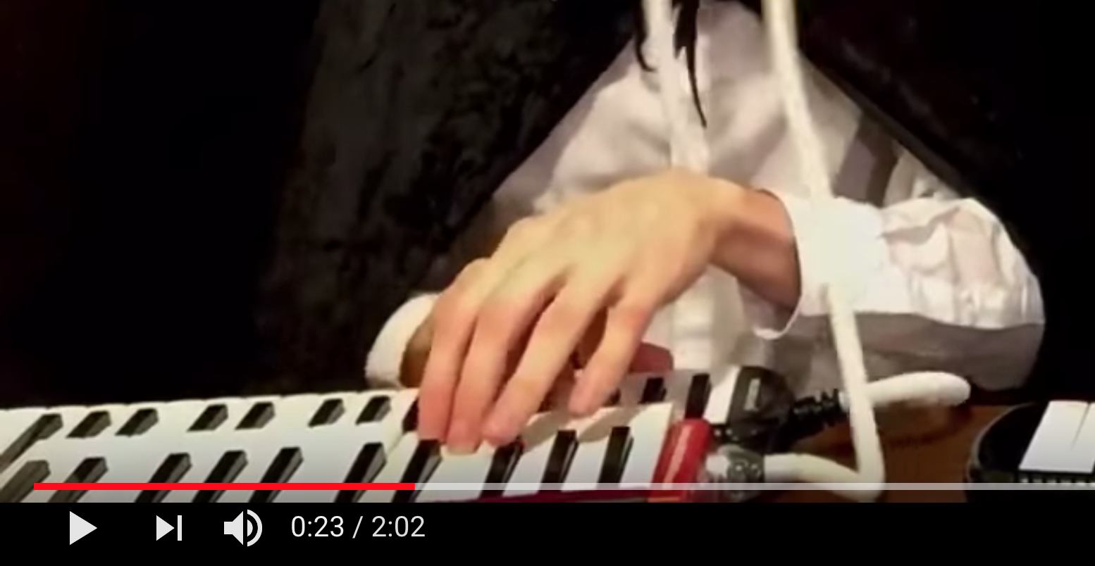 Screengrab of video mentioned in post, red melodica in foreground
